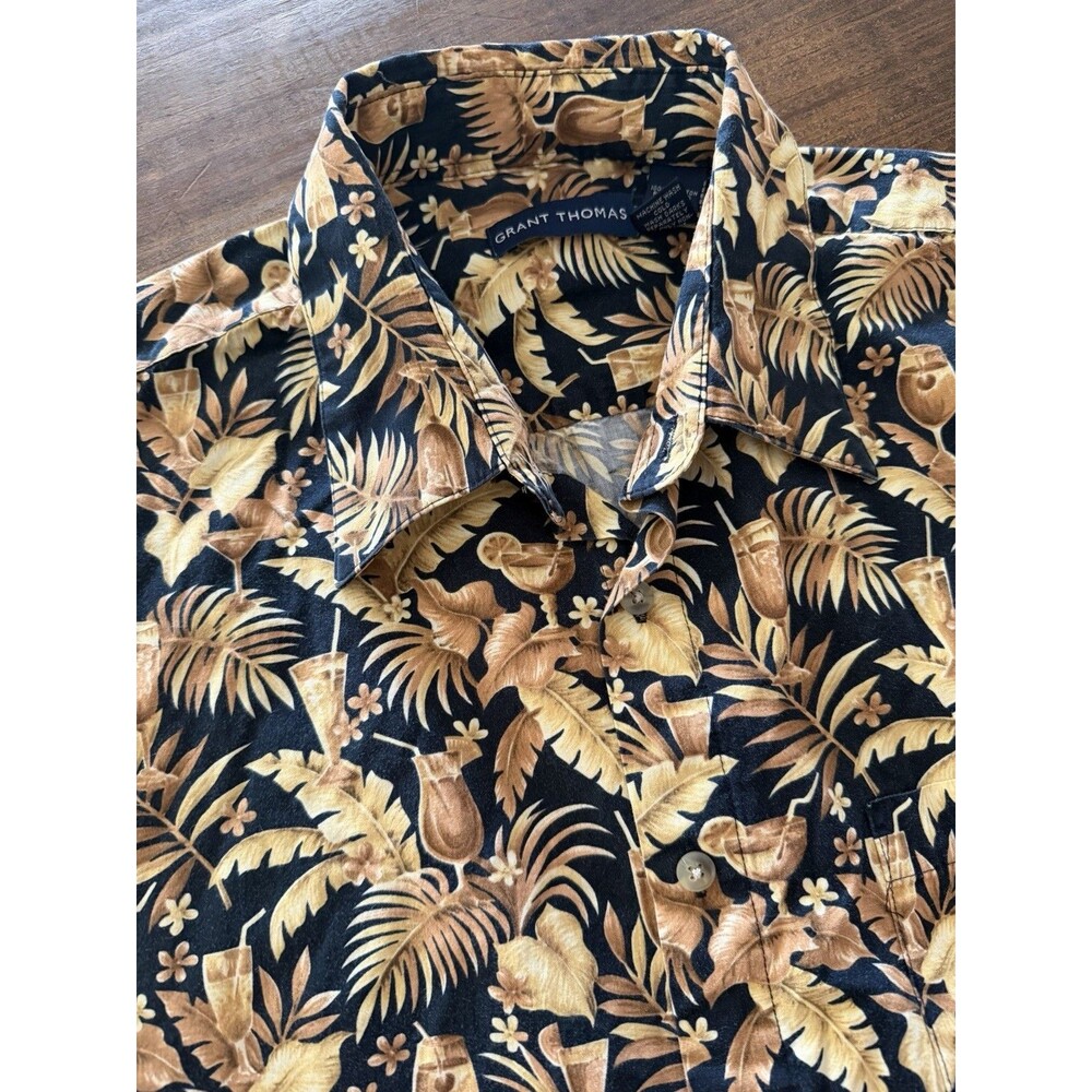 Vintage Hawaiian Shirt Mens Large Black Tropical Aloha Cotton Korea Made Beach